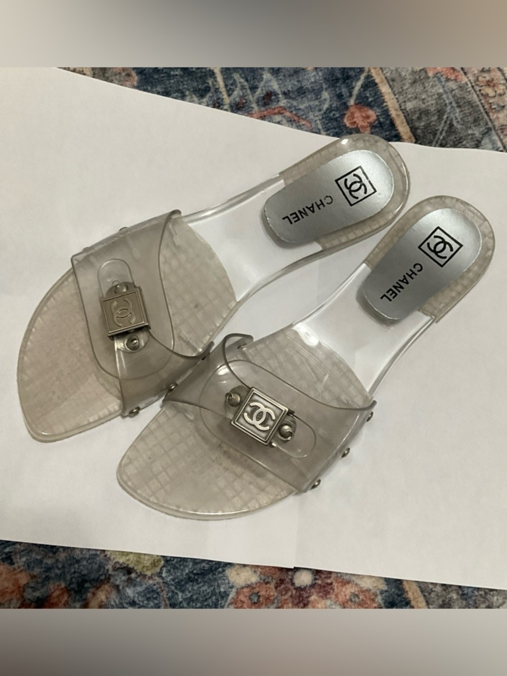 CHANEL Clear Jelly Slide Sandals with Silver CC Accent